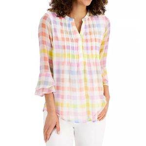 Charter Club Gingham-Print Pintuck Top